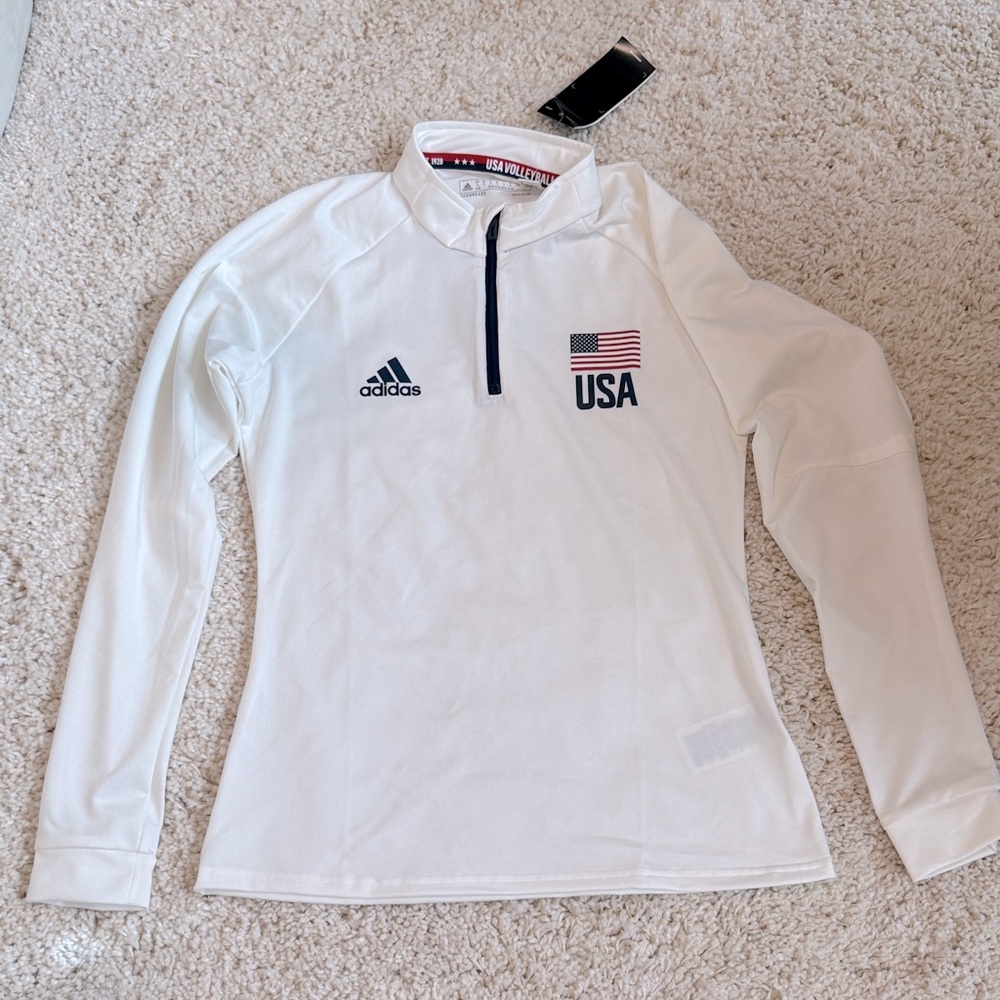 Adidas White USA volleyball Flag Long Sleeve athletic workout Top Small blue new